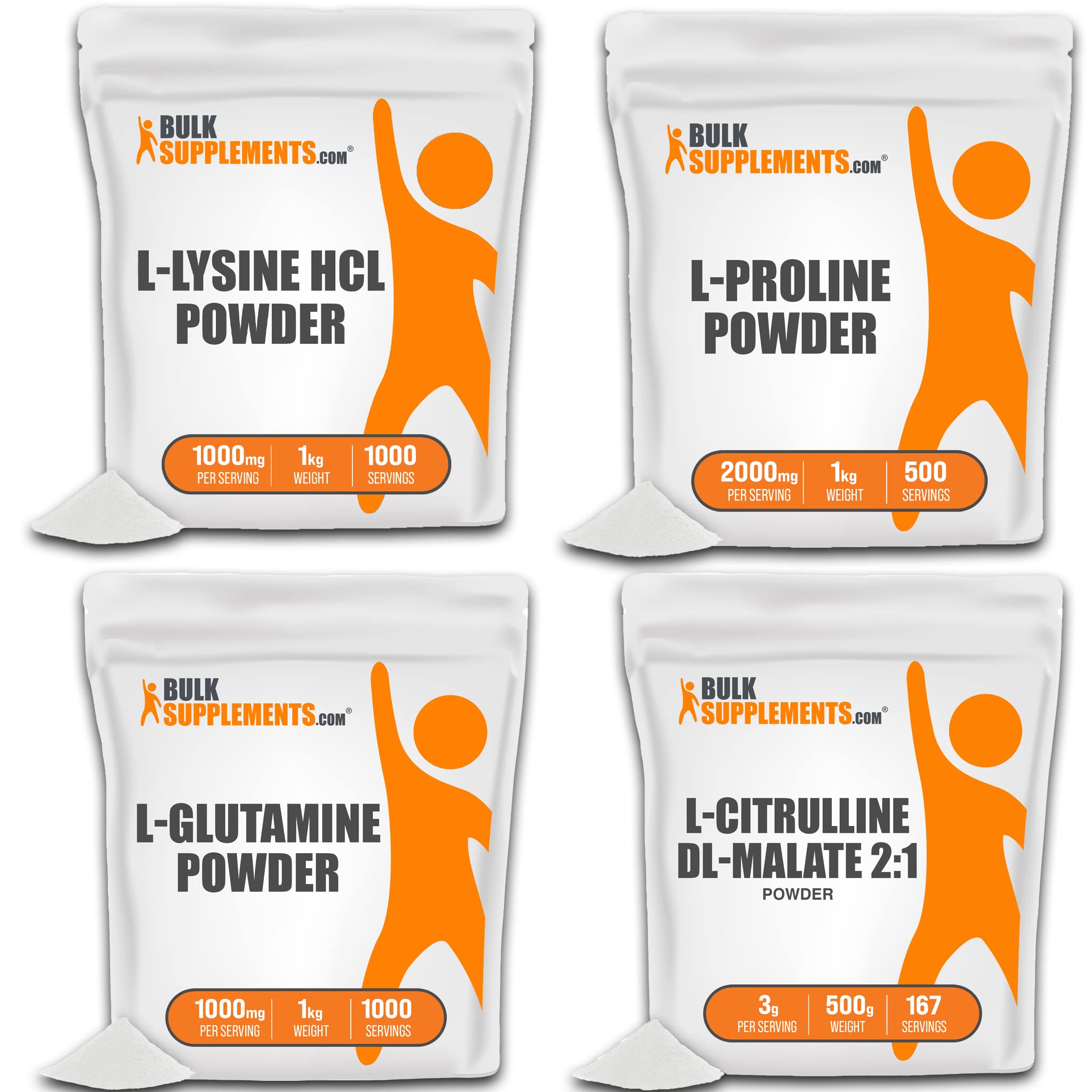 BULKSUPPLEMENTS.COM L-Lysine Powder (L-Lysine HCL) 1KG, with L-Proline Powder 1KG, L-Glutamine Powder 1KG, & Glycine Powder 1KG Bundle