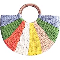QZUnique Straw Rainbow Handbags Women’s Cotton Crochet Hand-Woven Tote Bag Top Handle Casual Shoulder Messenger Portable Bag