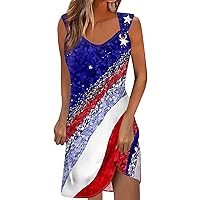 Women Independence Day Midi Dress Summer Casual V Neck Sleeveless Dresses for Women 2024 Printed Flag Dress