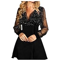 Women's Sequin V Neck Quinceanera Dresses Spring Corset Cocktail Mini Dress Mesh Long Sleeve Glitter Tummy Control