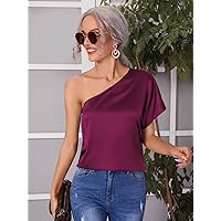 Women's Tops Women's Shirts Solid One Shoulder Blouse Women's Tops Shirts for Women (Color : Maroon, Size : Medium)
