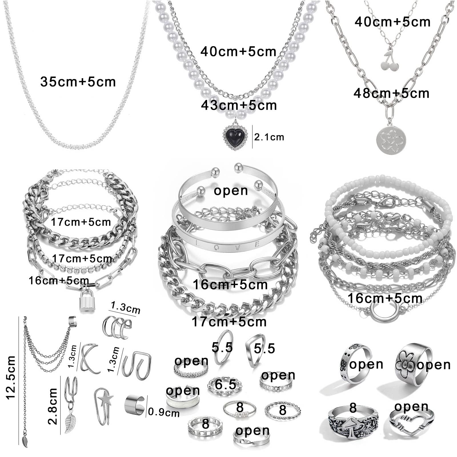 IFKM 36 PCS Silver Plated Jewelry Set with 3 PCS Necklace, 12 PCS Bracelet, 7 PCS Ear Cuffs Earring, 14 Pcs Knuckle Rings for Women Girls Valentine Anniversary Birthday Friendship Gift