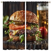 Fresh Food Blackout Curtains, Modern Delicious Cheese Burger Beer Drink Window Drapes Home Decor Rod Pocket Curtain for Living Room Bedroom, 2 Panels, Each 42