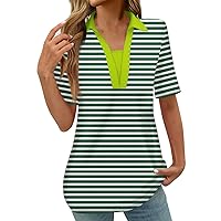 Womens Polo Shirts V Neck Stripe Short Sleeve Casual Blouse Summer Loose Fit Work Golf Stand Collar Tee Tops