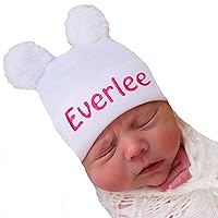 Personalized Newborn Hospital Hat with Fuzzy Bear Ears - Warm Beanie Cap for Infants, Baby, Boy, Girls - Customized Keepsake Winter Head Wrap with Earflaps & Custom Name (White)