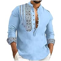 Vintage Print Shirts for Men Button Up Henley V Neck Stand Collar Tee Shirt Soft Linen Beach Tops Muscle Fit Tees
