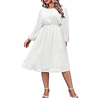 IN'VOLAND Women's Plus Size Swiss Dot Long Sleeve Chiffon Dress Flowy High Waist A Line Ruffle Babydoll Midi Dresses 16W-24W