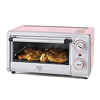 Countertop Stainless Steel Toaster Oven Air Fryer, PFAS-Free, Ceramic Nonstick Tray Rack and Airfry Basket, Dual Heating, 4 Slice Capacity, Adjustable Temperature and Time Control, Pink