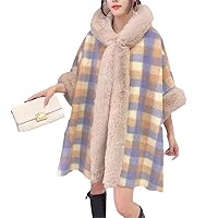 Contrast Color Plaids Faux Fur Coat Cape Hood Imitate Lamb Wool Cardigan Women Winter Thicken Lining Cloak