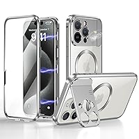 Case for iPhone 15 Pro Max with Camera Invisible Stand [Compatible with MagSafe] 360 Degree Protection Magnetic Absorption Metal Bumper Front Glass and Back PC Cover (Silver)