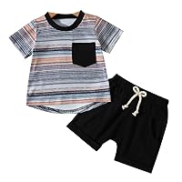 Toddler Boys Girls Short Sleeve Striped Prints T Shirt Tops Shorts Outfits 4 Piece Set Boy