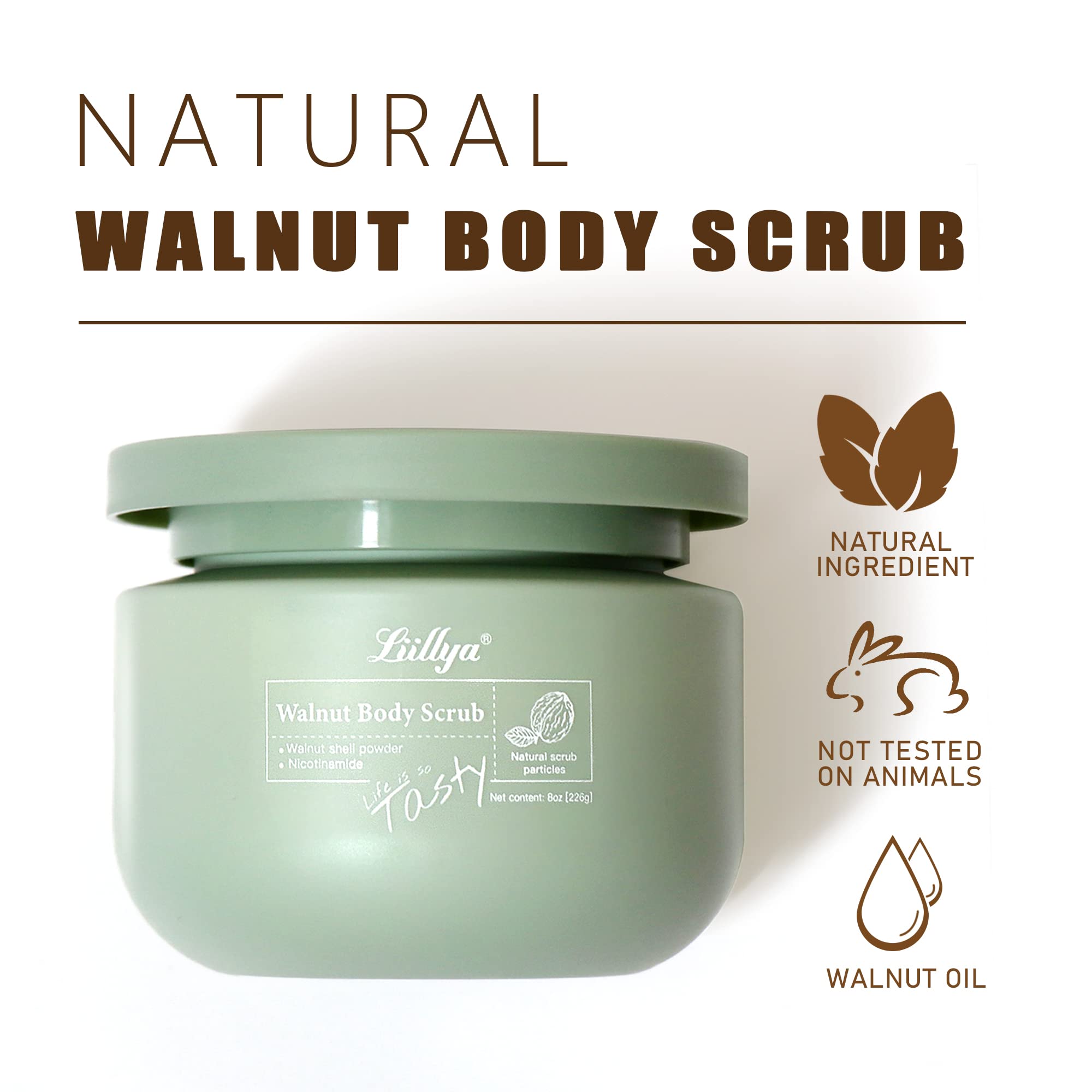 Liillya Walnut Body Scrub, Specially Increase with Niacinamide for Moisturizing, Pore Cleansing and Exfoliating, With Loofah and Scraping Spoon, 8 oz