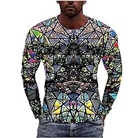 3D Geometry Print T-Shirts Slim Fit Long Sleeve Tops Funny Graphics Pattern Crewneck Shirts Tees for Mens