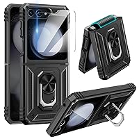 Goton for Samsung Galaxy Z Flip 5 Case with Screen Protector [Hinge Protection], Samsung Flip 5 Shockproof Phone Case, Rugged Heavy Duty Cover with Kickstand Ring for Z Flip5 Accessories Black