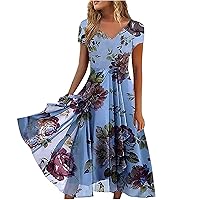 Mother of The Bride Dresses for Wedding Flowy Hem Floral Print Contrast Color Gown Dress Party Short Sleeves Chiffon