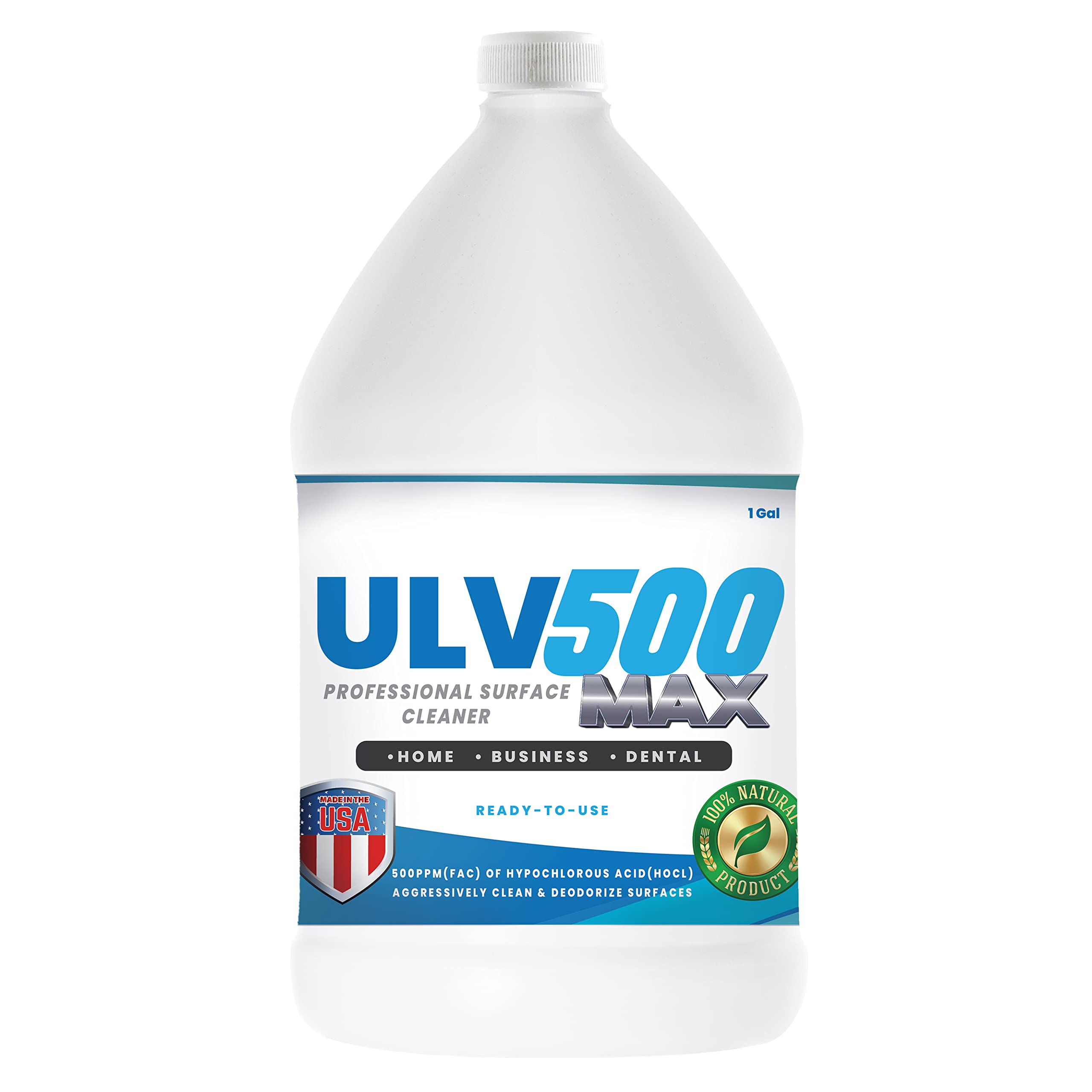 ULV500 Hypochlorous Acid 500PPM (1 Gallon) For ULV Foggers & Handheld Atomizers, For Dental And Medical Professionals, HOCL Professional Surface Cl...