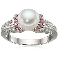 Amazon Collection Platinum Plated Sterling Silver Infinite Elements Cubic Zirconia Freshwater Cultured Pearl Ring