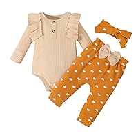 Toddler Casual Outfits Baby Ribbed 3PCS Set Casual Clothes with Headband Kid Autumn Ruffle Long Sleeve Romper and Pants