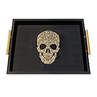 Modern Serving Tray with Skull Design Gothic Ottoman Tray, Wooden Tray, Tea and Coffee Table Tray, Jewelry Bathroom Organizer, Gift, Gloss Finish (Black)