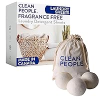 Clean People Ultra Concentrated Laundry Detergent Strips Fragrance Free & 100% New Zealand Wool Dryer Balls - 3 Pack - Plant-Based, Eco Friendly Laundry Detergent 32ct & Dryer Balls 3 Pack