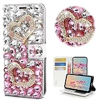 STENES Bling Wallet Phone Case Compatible with Samsung Galaxy S23 Ultra Case - Stylish - 3D Handmade Crystal Heart Magnetic Wallet Stand Leather Cover Case - Pink