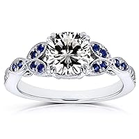 Kobelli Vintage Style Floral Cushion Moissanite (GH) with Sapphire and Diamond Accents Engagement Ring 1 1/3 Carat TGW in 14k White Gold