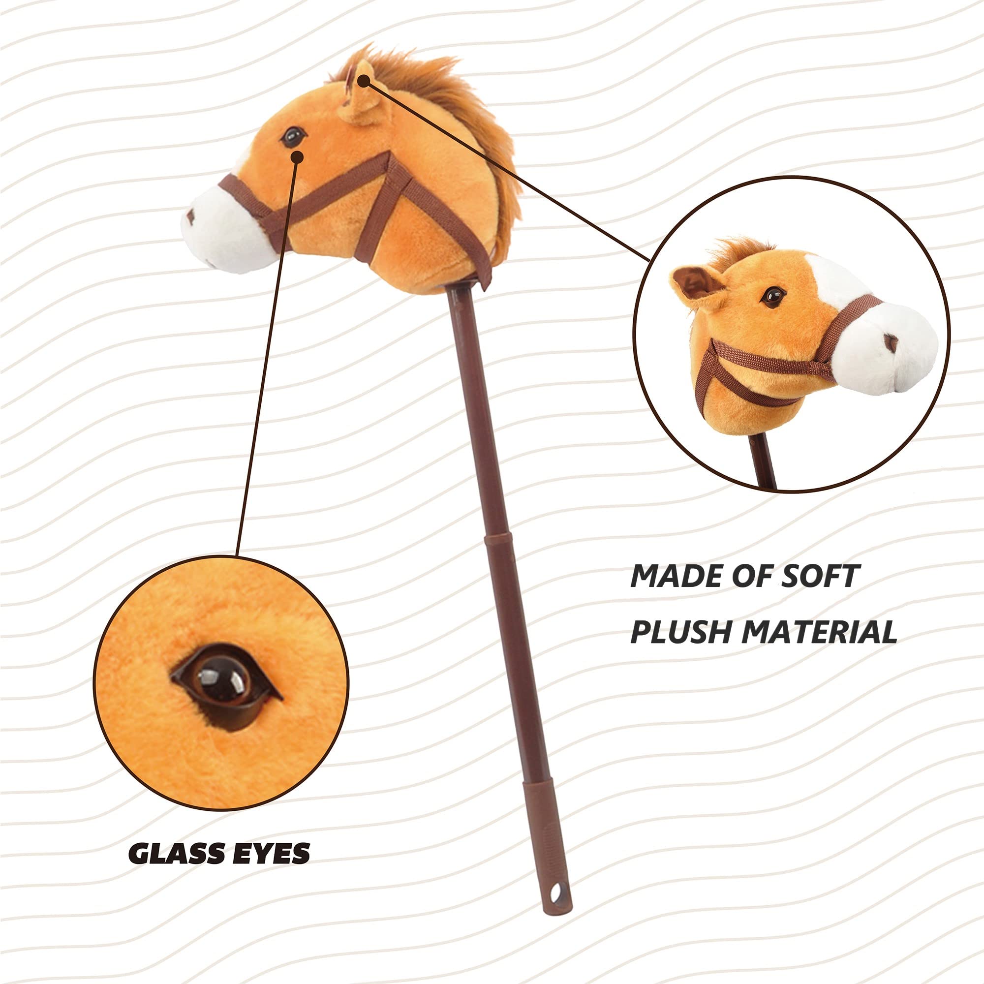 Linzy Plush Hobby Horse Stick Toy, Adjustable Telescopic Stick, Adjust to 3 Different Sizes, For Cowboy and Cowgirl of Different Ages, Light Brown