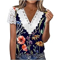 Women Flower Print Lace Short Sleeve V Neck Casual Tops Summer Fashion Loose Fitted Dressy T-Shirts for Going Out