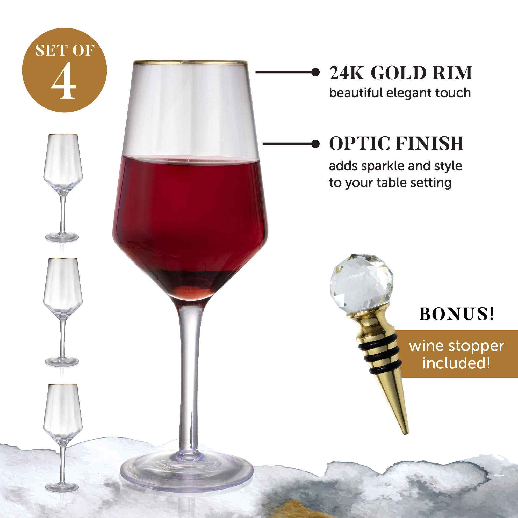 Hand Blown 15.5 Oz Wine Glasses - 24K Gold-Rim - Set of 4 Classic Crystal White & Red Wine Glass + Gold-Plated Wine Bottle Stopper - Lead-Free, Faceted Glass for Entertaining & Gifting by Lumi & Numi