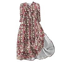 Boho Floral Beach Dress Korean Style 3/4Sleeve Lapel Lace-Up A-Line Dress Summer Casual Loose Fit Henley Shirt Dress