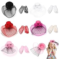 Tea Party Hats for Little Girls Mini Hat Hair Clip Fascinators Tea Party Set Veil Mesh Hat with Elegant Lace Gloves