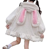 Cute Kawaii Bunny Hoodie Jacket Coats for Women Fashion Japanese Fuzzy Fluffy Rabbit Hooded Sweatshirt Outwear (White, XL)