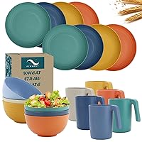 PYRMONT 22 pcs Wheat Straw Dinnerware Set,Unbreakable Plastic Dish Set - Dinner Plates Dessert Bowls Cups, for Apartment Basics, Outdoor Camping - Multi colo