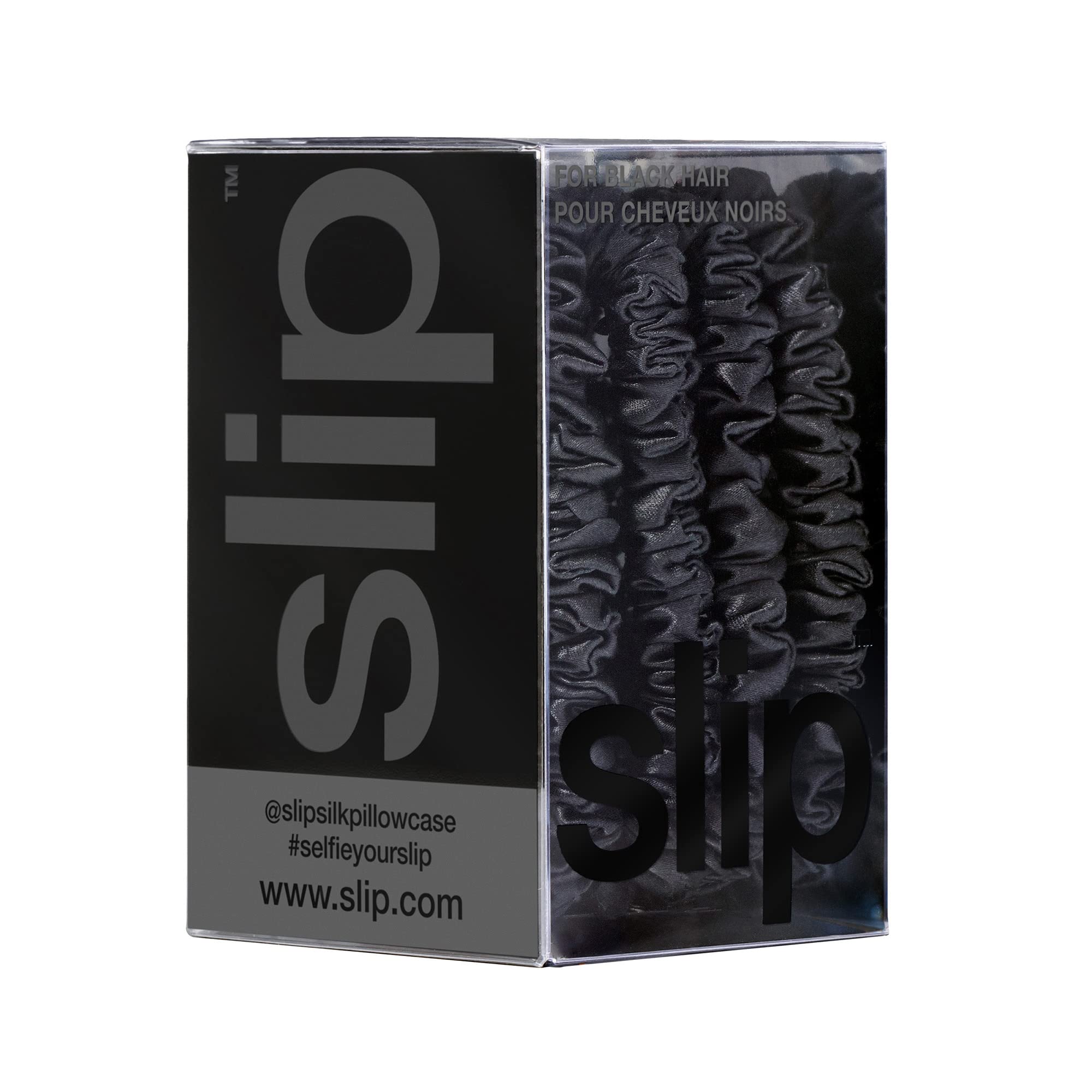 Slip Silk Skinny Scrunchies - Black - 100% Pure 22 Momme Mulberry Silk Scrunchies for Women - Hair-Friendly + Luxurious Elastic Scrunchies Set (4 Scrunchies)