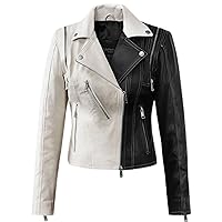 Womens Leather Riding Jacket Moto Twister Black And White Real Lambskin Leather Coat.