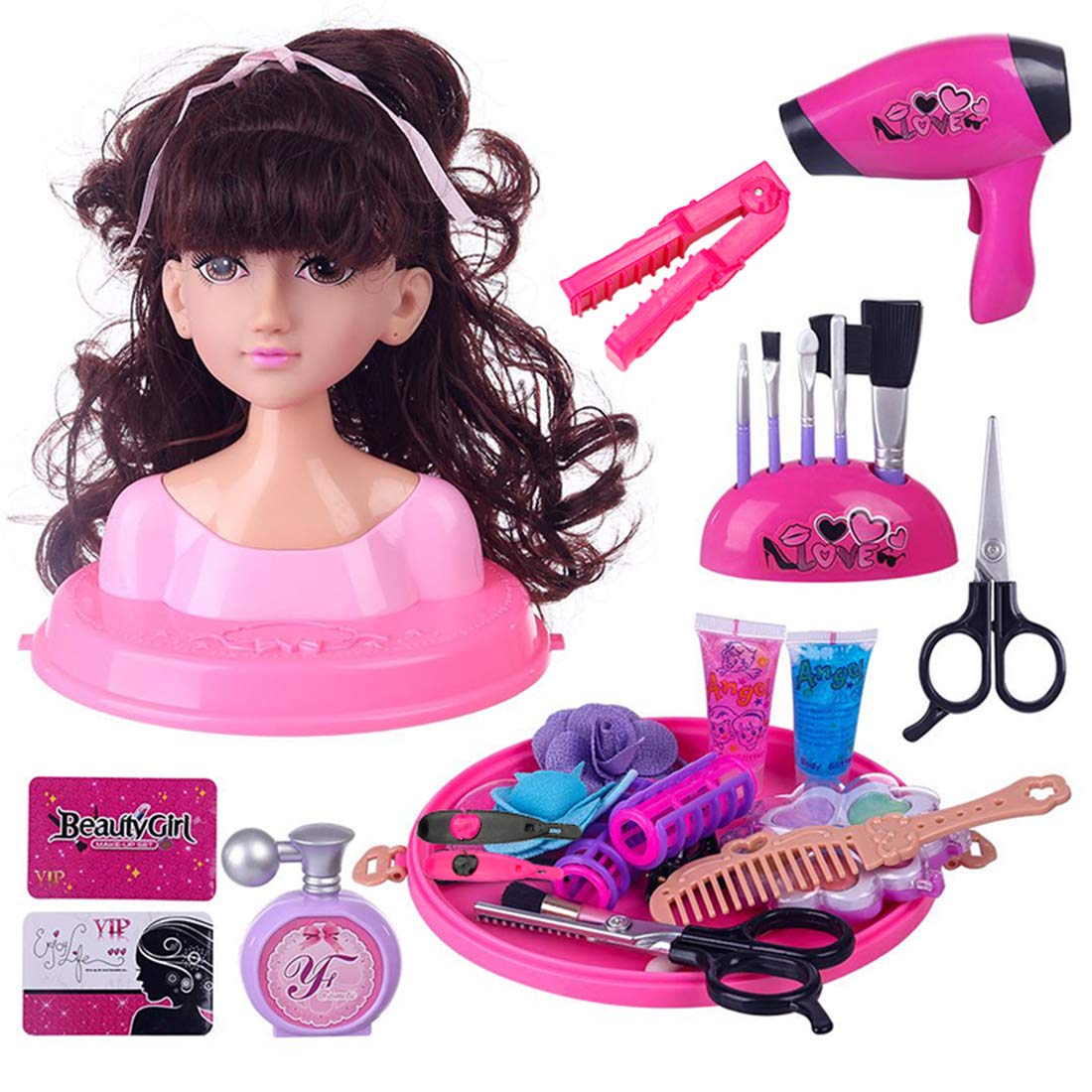 Topoo Styling Head Doll for Girls, Makeup Hairstyle Pretend Play Set with Styling Accessories for Kids Type C