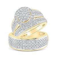 The Diamond Deal 10kt Yellow Gold His Hers Round Diamond Cluster Matching Wedding Set 1-3/4 Cttw
