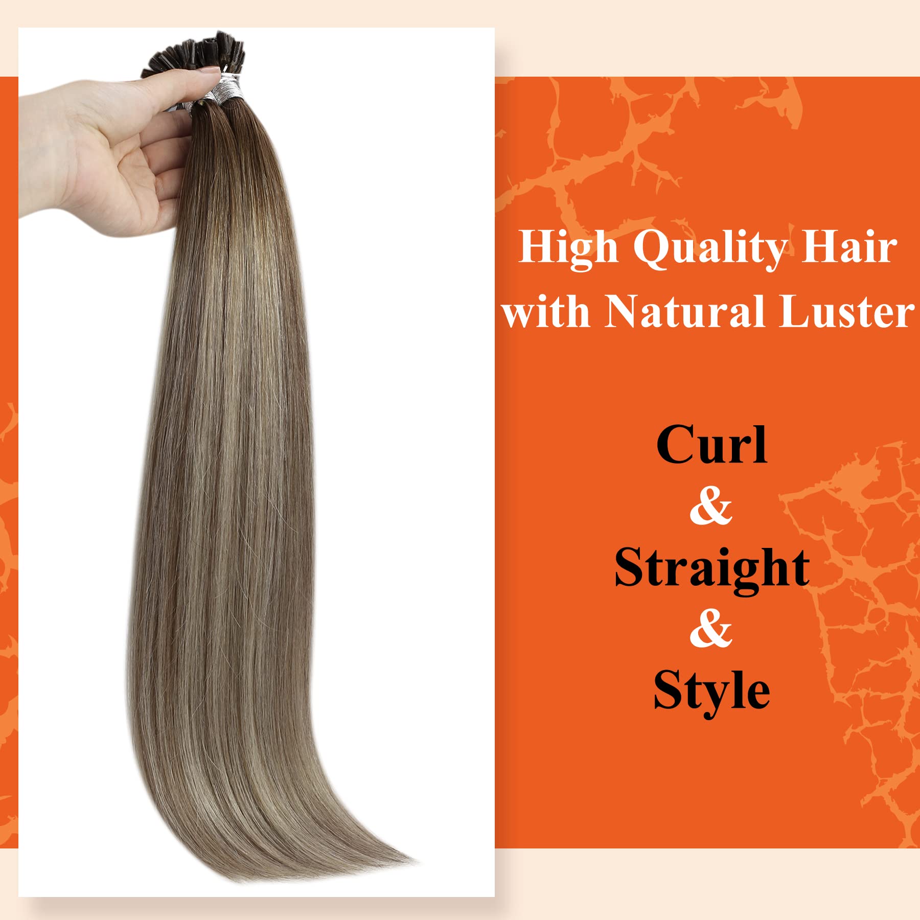 Full Shine Utip Hair Extensions Human Hair 14 Inch Balayage Color 3 Fading to 8 and 22 Light Blonde Pre Bonded Hair Extensions 0.8g Per Strand 50 Strands U Tip Extensions