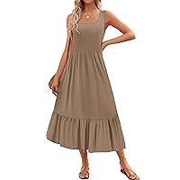 Women's 2024 Summer Sleeveless Dress Square Neck Pleated Swing Casual Maxi Dresses with Pockets