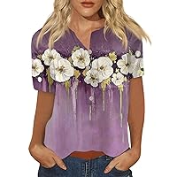 Tops for Women V Neck Button Down Boho Floral Printed Short Sleeve T Shirts with Pocket Oversized Holiday Top