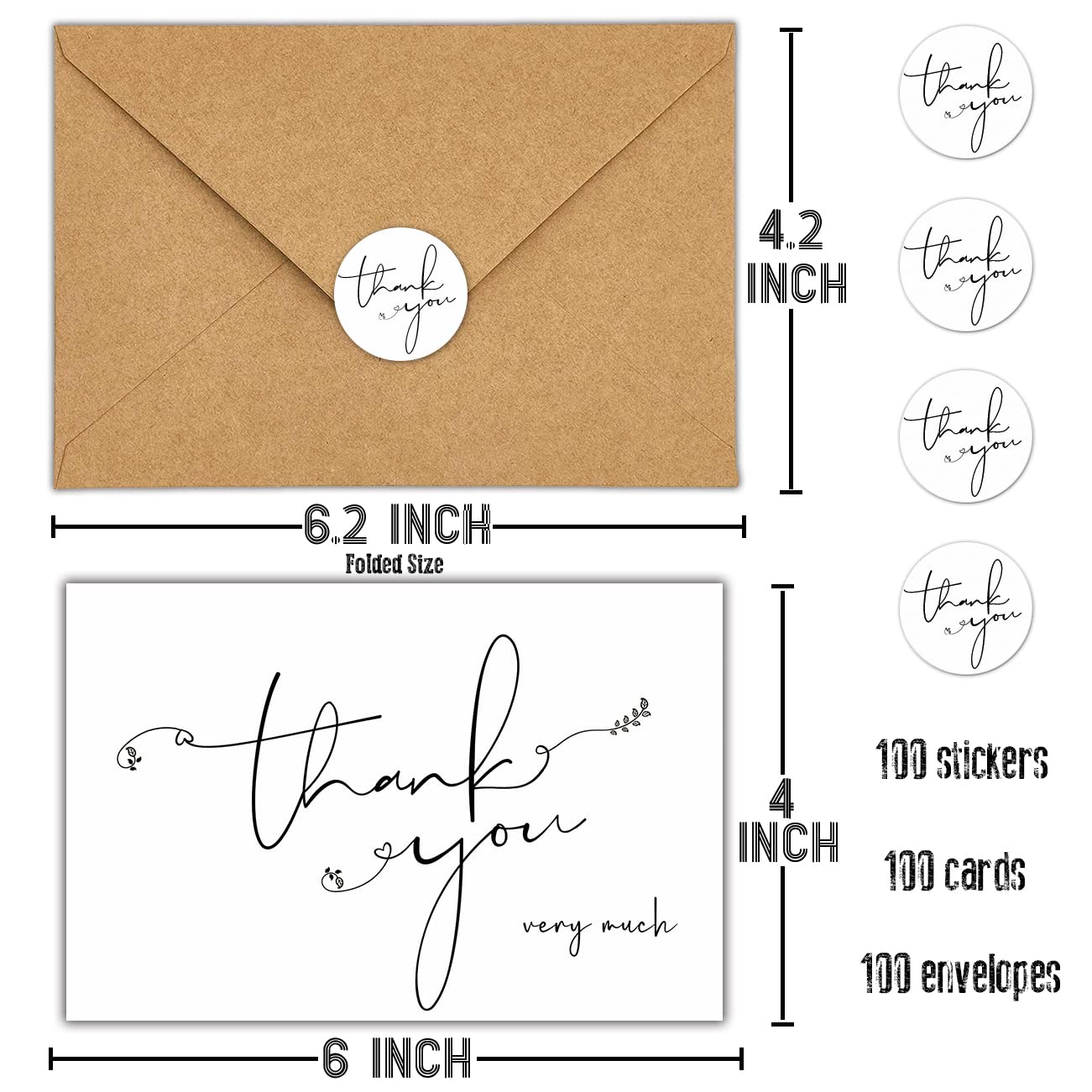 Thank You Cards with Kraft Envelopes and Stickers- Bulk Pack of 100 Classy Thank You Greeting Notes,4x6 Inch Minimalistic Design Perfect for Business, Wedding,Graduation,Baby Shower