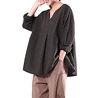 Flygo Womens Casual V Neck Long Sleeve Cotton Linen Shirts Loose Plaid Blouses Tops