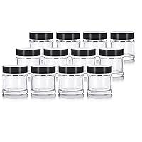 1 oz / 30 ml Clear Thick Wall Glass Straight Sided Jar with Black Smooth Lids (12 Pack) Airtight, Smell Proof