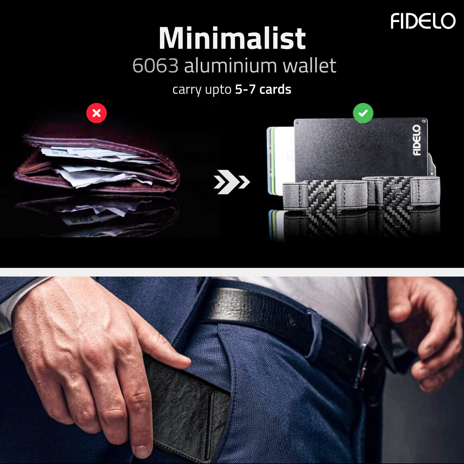 Fidelo Minimalist Wallet for Men - RFID Blocking Pop up Wallet Credit Card Holder, Slim Wallet for Men 6063 Aluminum Wallet with a Card Clip Holder with a Removable Leather Case - Vintage Black