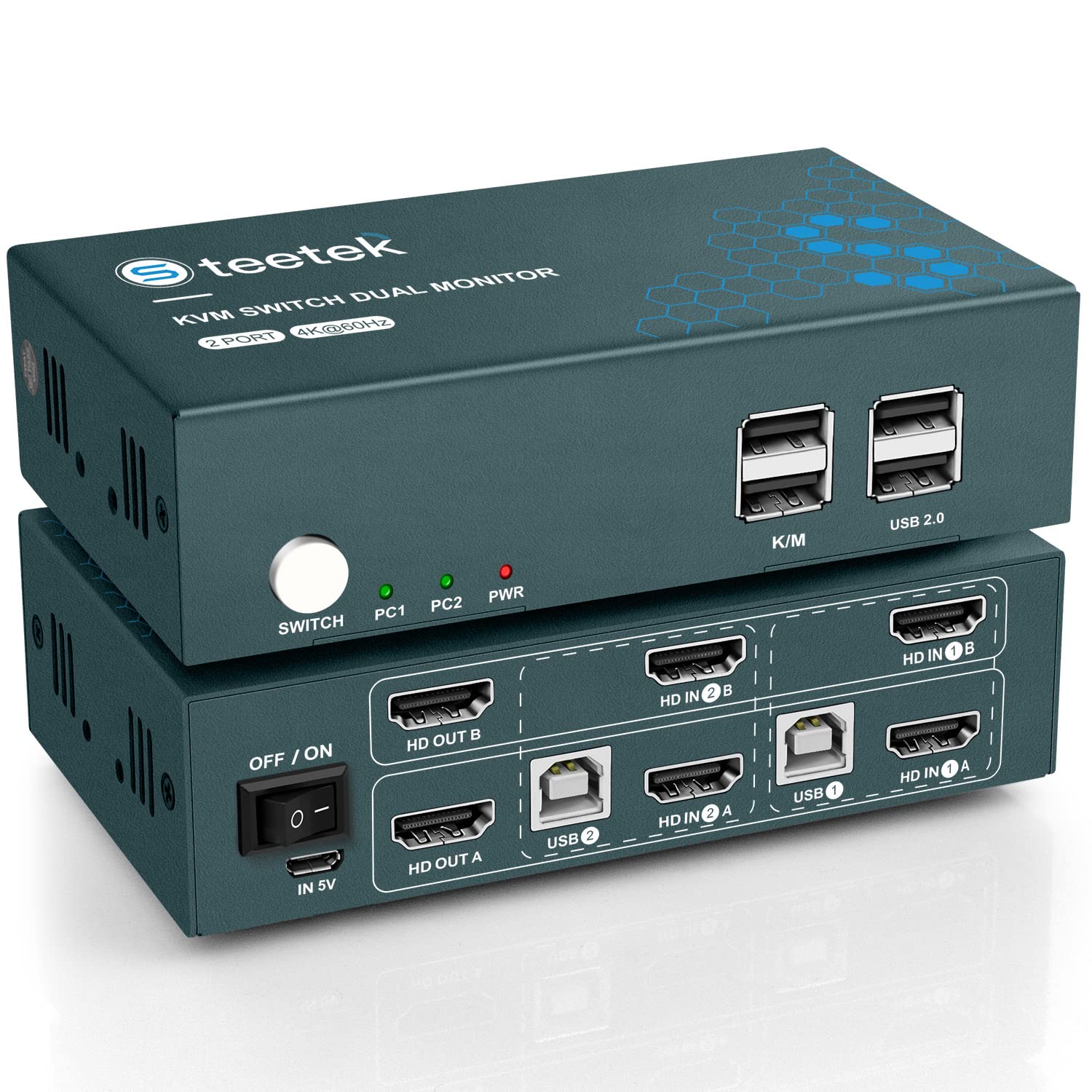 Steetek Dual Monitor KVM Switch HDMI 2 Port, KVM Switch 2 Monitors 2 Computers 4K@60Hz (YUV4:4:4), HDMI KVM Switch 2 in 2 Out, Button Switch and Hotkey Switch, with 4 HDMI and 2 USB Cable