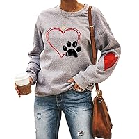 Womens Dog Paw Print Long Sleeve Cerwneck Sweatshirts Casual Pullover Loose Dog Mom Shirt Tops