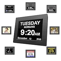 8 inch Large Digital Day Dementia Medication Reminders Clock for Seniors, Calendar Clock with Day, Week, Date Time for Elderly Vision Impaired, Memory Loss, Polished Black