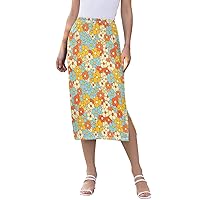 ALAZA Blue Yellow Orange Flower Floral Women's Skirts Split Skirt Weekend Skirts