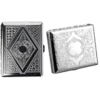 2X Victorian Cigarette Case Bundle Crush Proof Silver Chromed Metal King and 100mm Size Etched & Diamond Pattern RFID Credit Card Business Holder Coin Candy Container Engravable