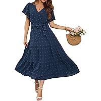 Summer Womens Dress 2024 Casual V Neck Boho Maxi Dress Swiss Dot Short Sleeve Ruffle Tiered Smocked A Line Dresses